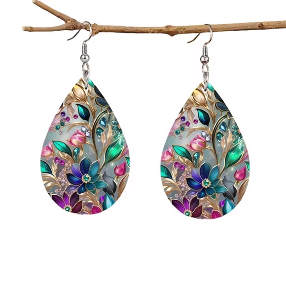 Floral Teardrop Gemstone Earrings with Multicolor Design - Picture 4 of 4